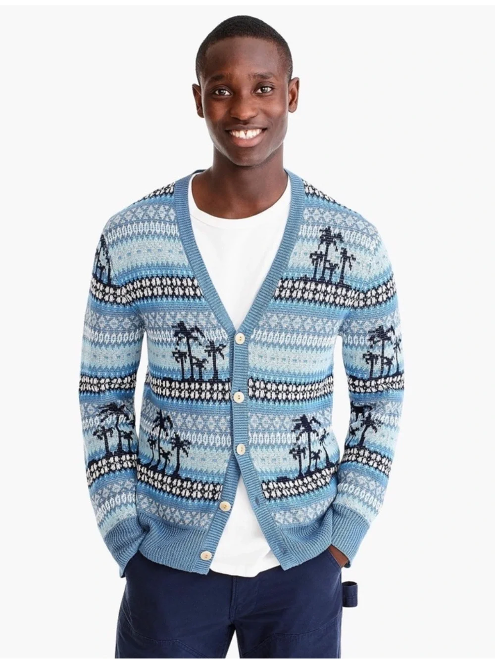 J. CREW Palm Tree Fair Isle Cardigan Blue Linen Cotton Coastal Beach Knit Size M